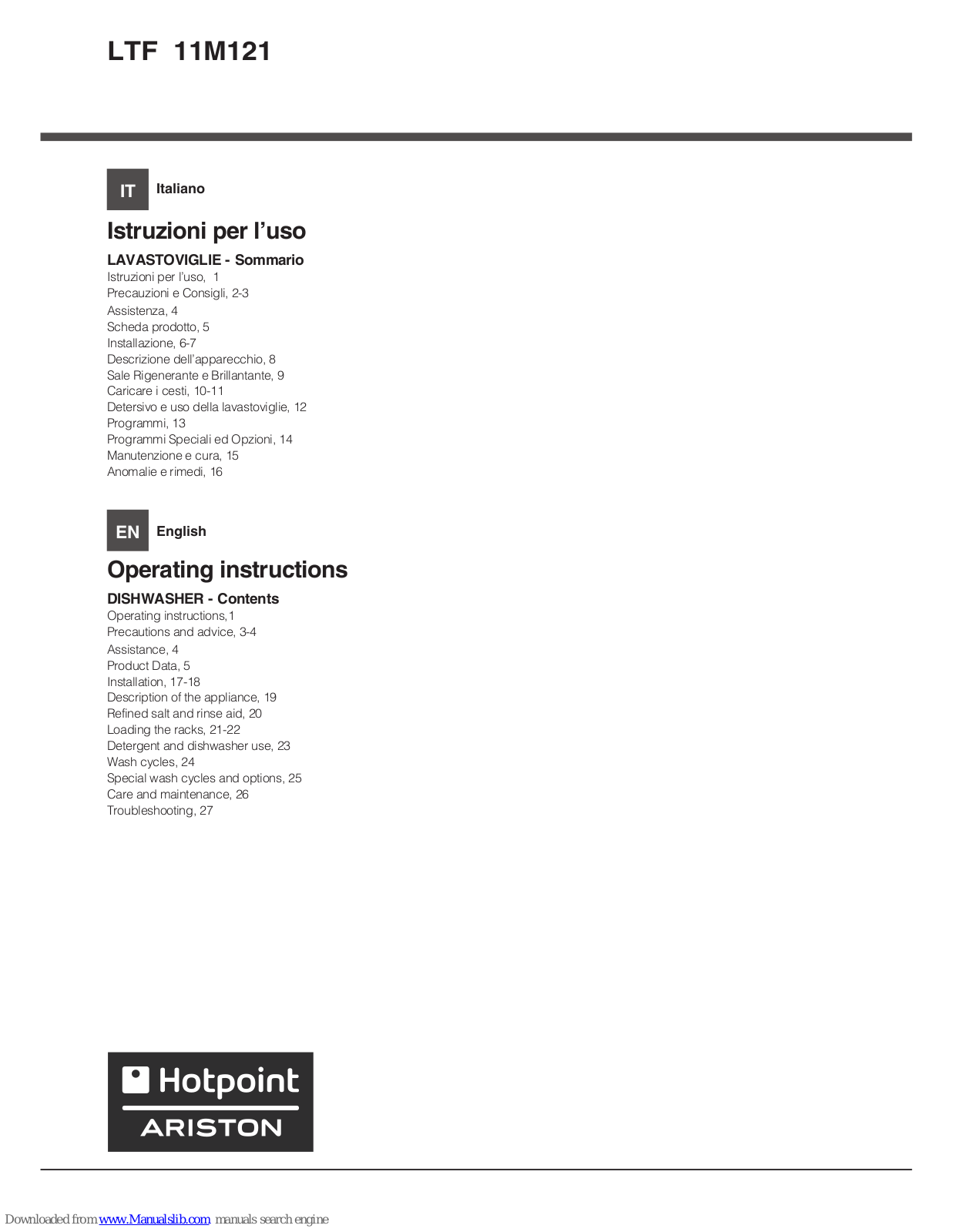 Hotpoint Ariston LTF 11M121 Operating Instructions Manual