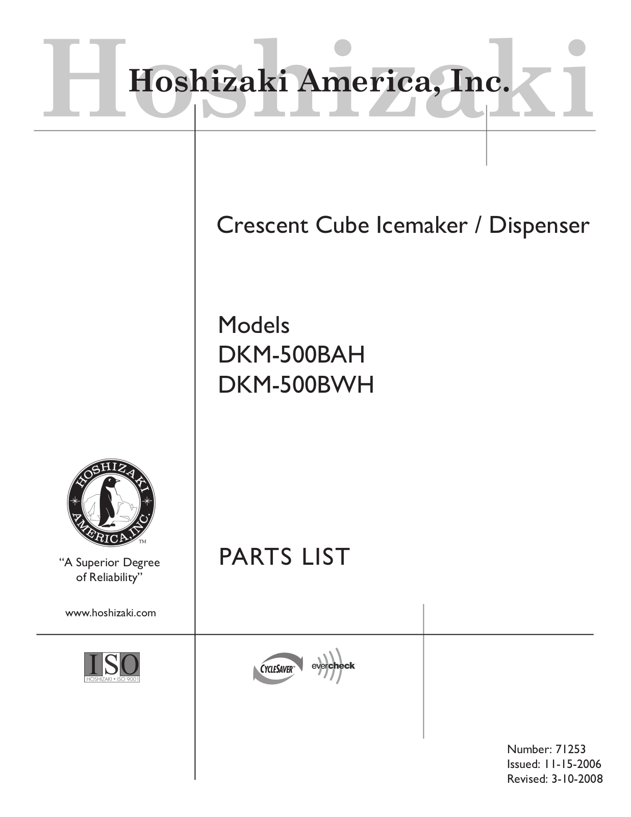 Hoshizaki American, Inc. DKM-500BAH, DKM-500BWH Part Manual