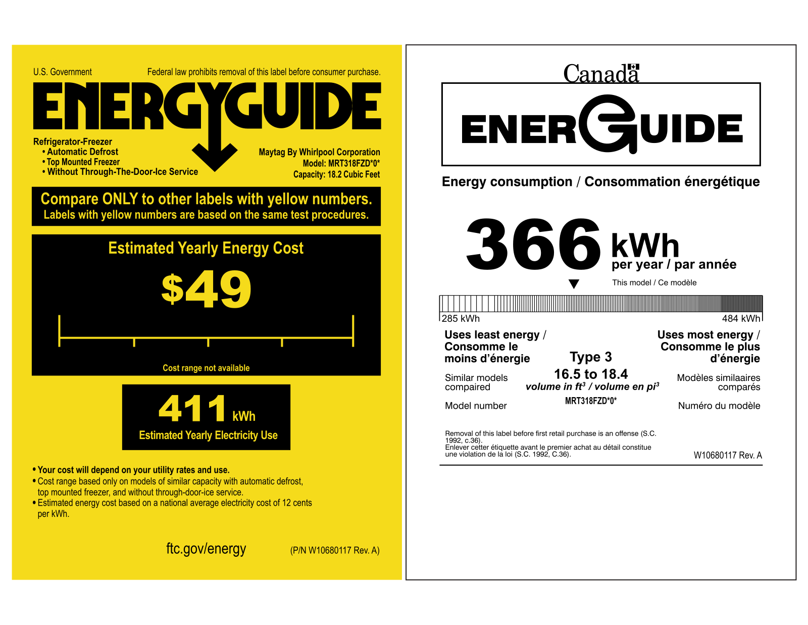 Maytag MRT318FZDM Energy Guide