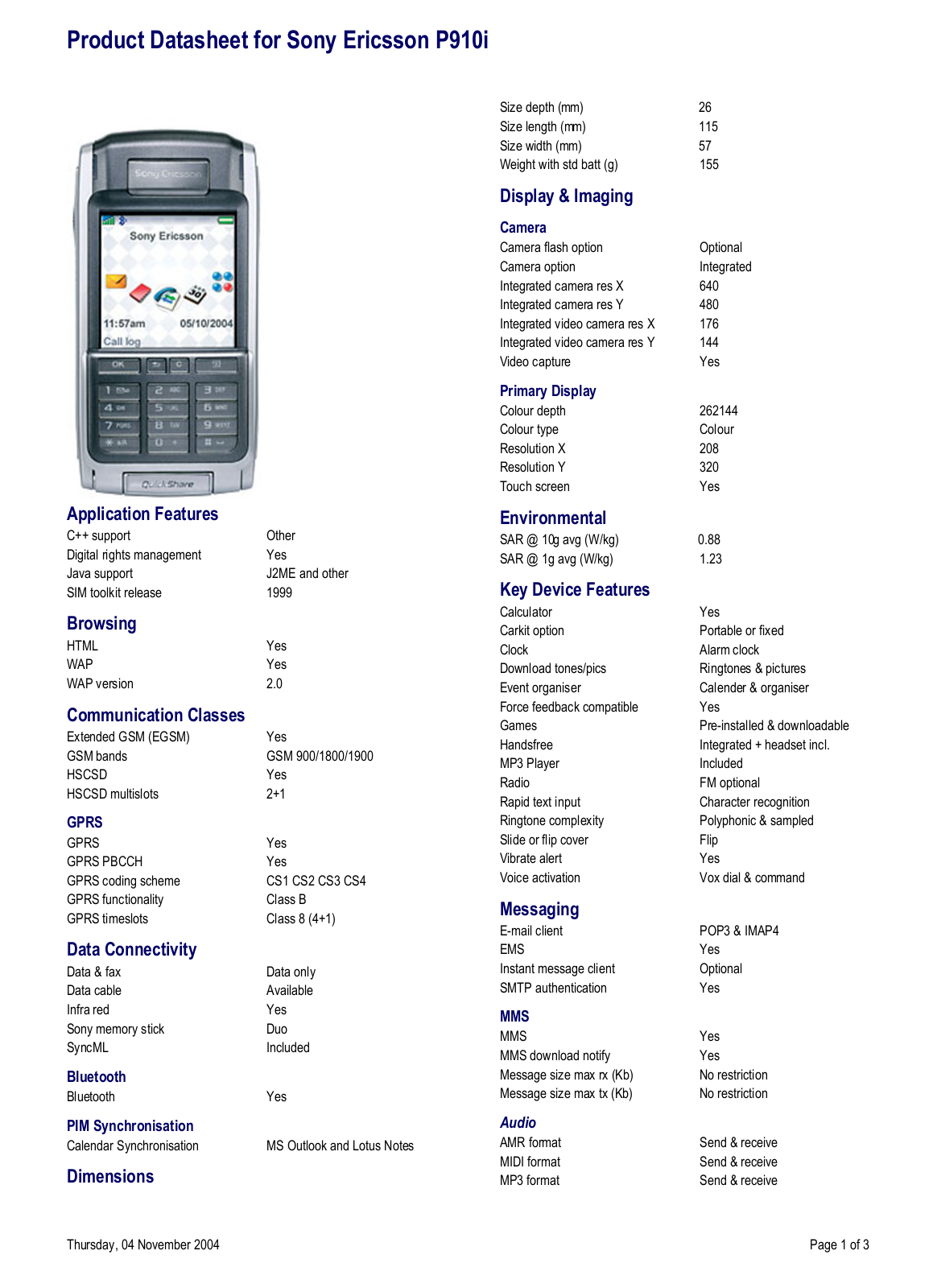 Sony ericsson P910I DATASHEET