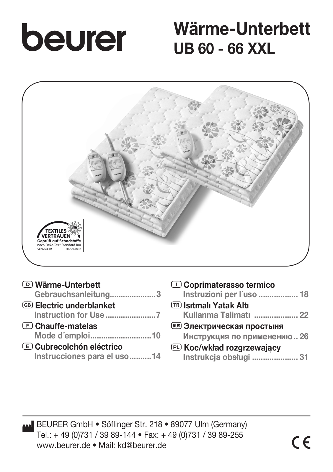 Beurer Electric underblanket Instruction for Use