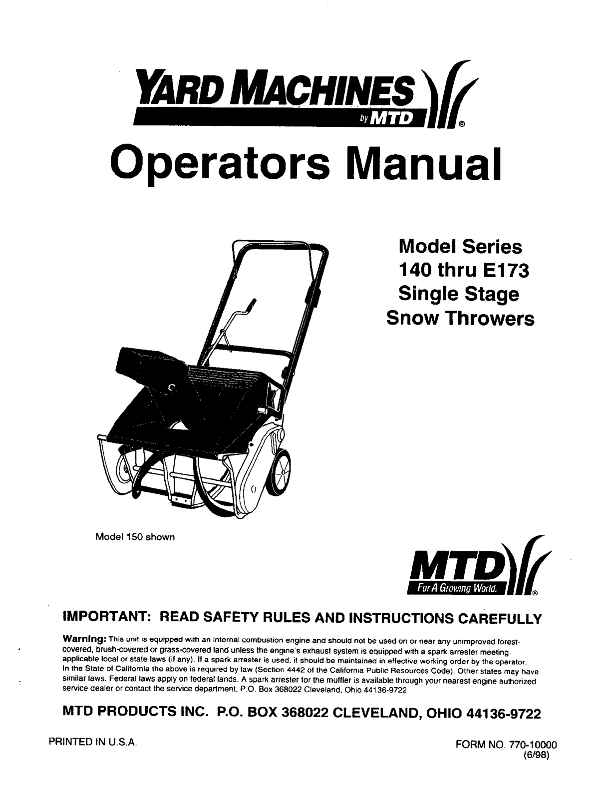 MTD E152, E151, E142, 31A-150-000, 142 Owner’s Manual