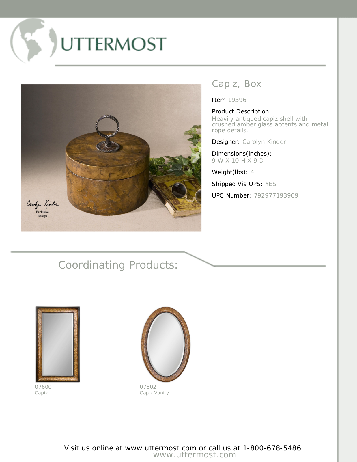 Uttermost UM7848 Box Specification Sheet - ManualMachine.com