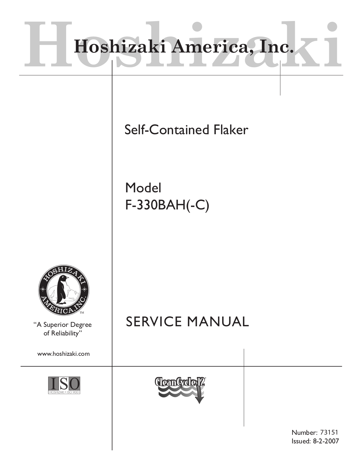 Hoshizaki America F-330BAH Service Manual