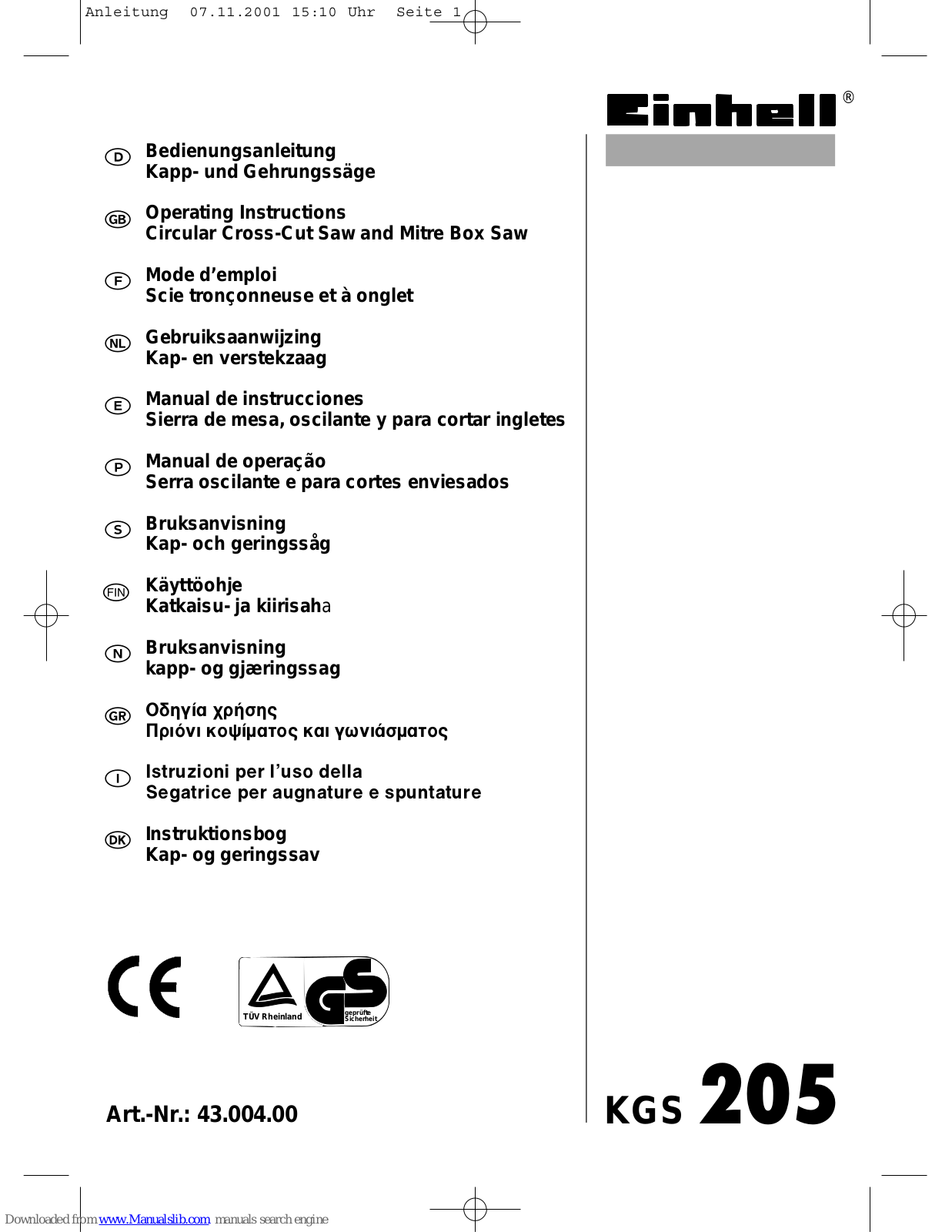 EINHELL KGS 205 Operating Instructions Manual