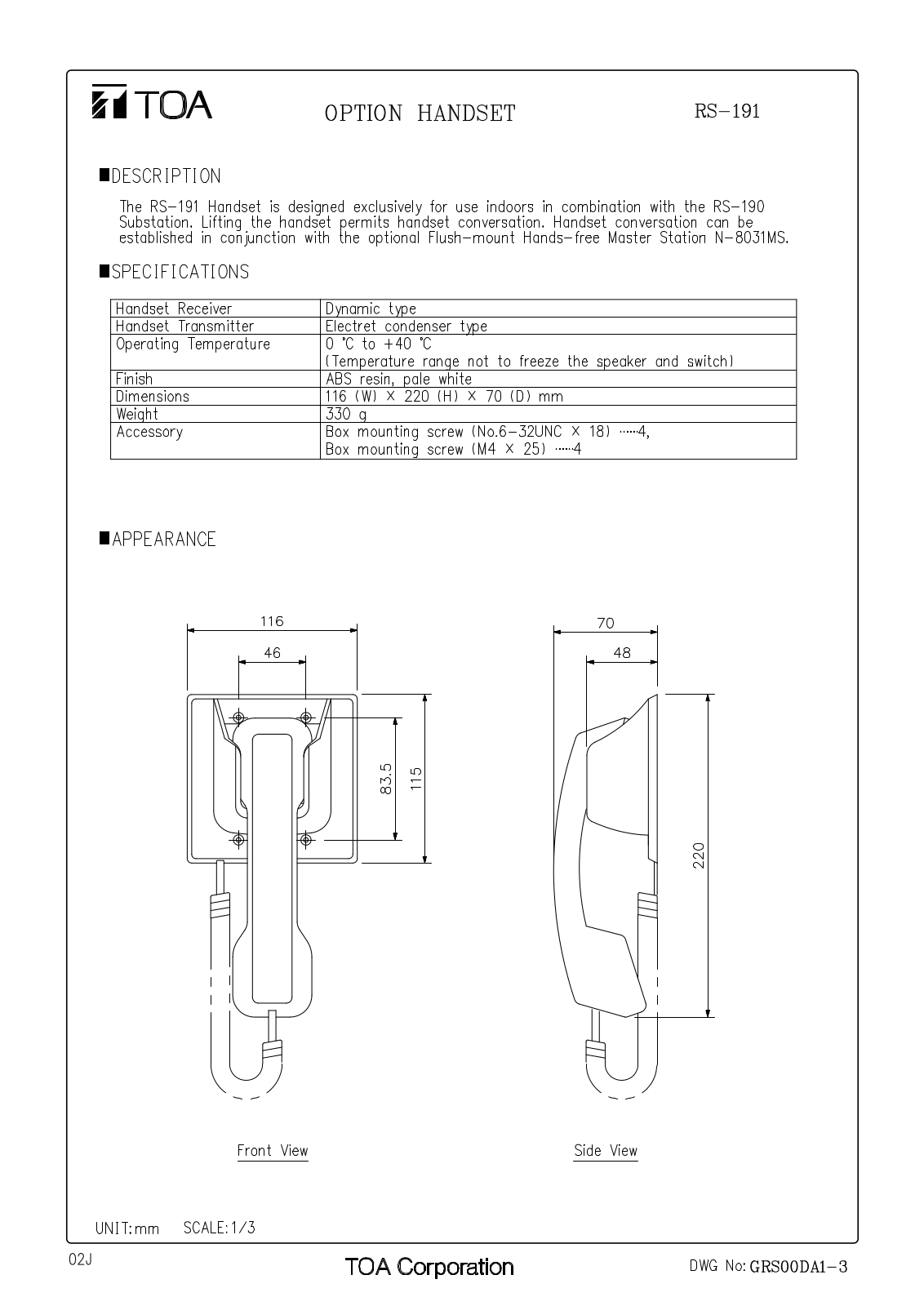 TOA RS-191 User Manual