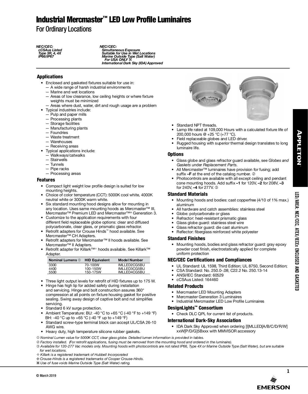 Appleton Industrial Mercmaster™ LED Low Profile Luminaires Catalog Page