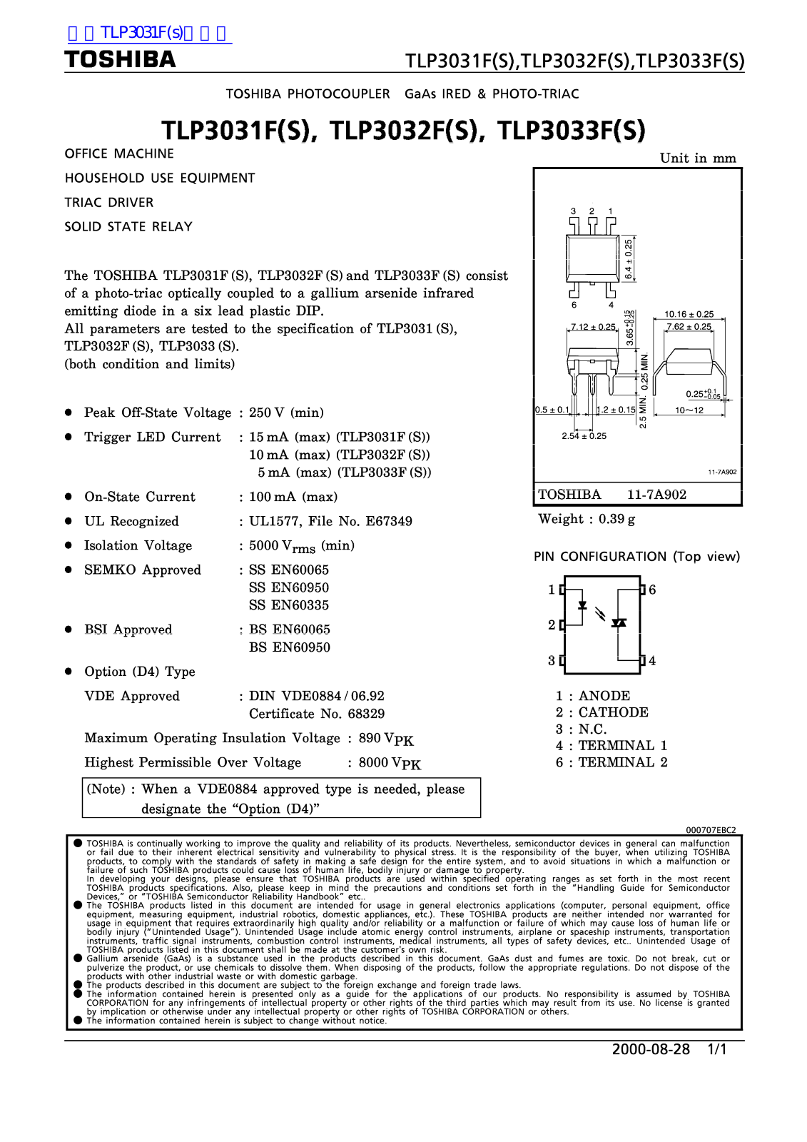 TOSHIBA TLP3031F, TLP3032F, TLP3033F Technical data