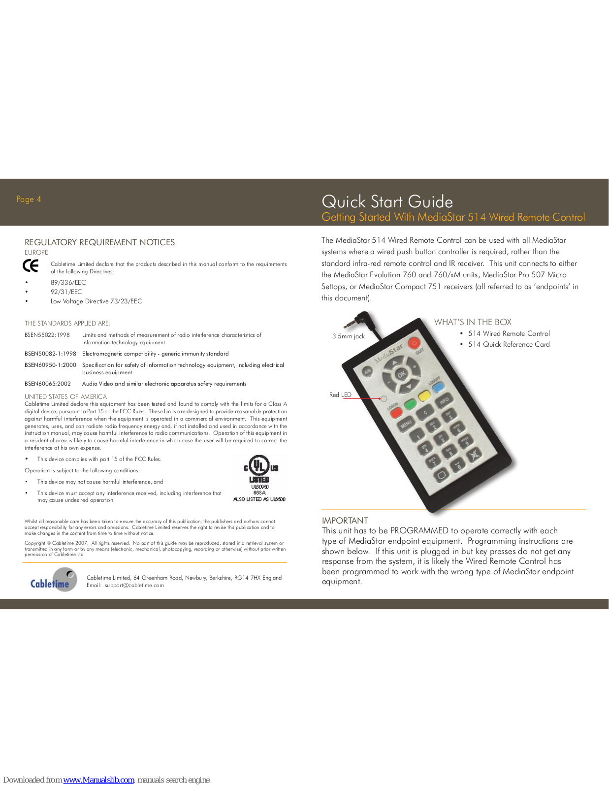 Cabletime MediaStar 514 Quick Start Manual - ManualMachine.com