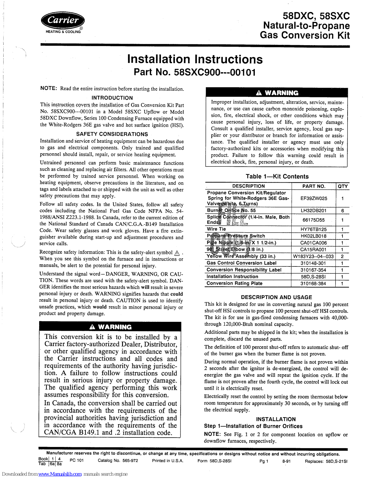 Carrier GAS CONVERTION KIT 58DXC, GAS CONVERTION KIT 58SXC, 58DXC, 58SXC Installation Instructions Manual