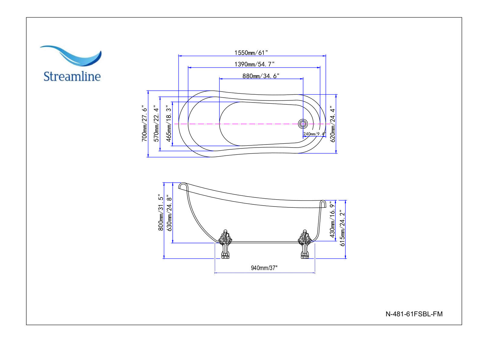 Streamline N481GLD, N481BL, N481CH, N481WH Specifications