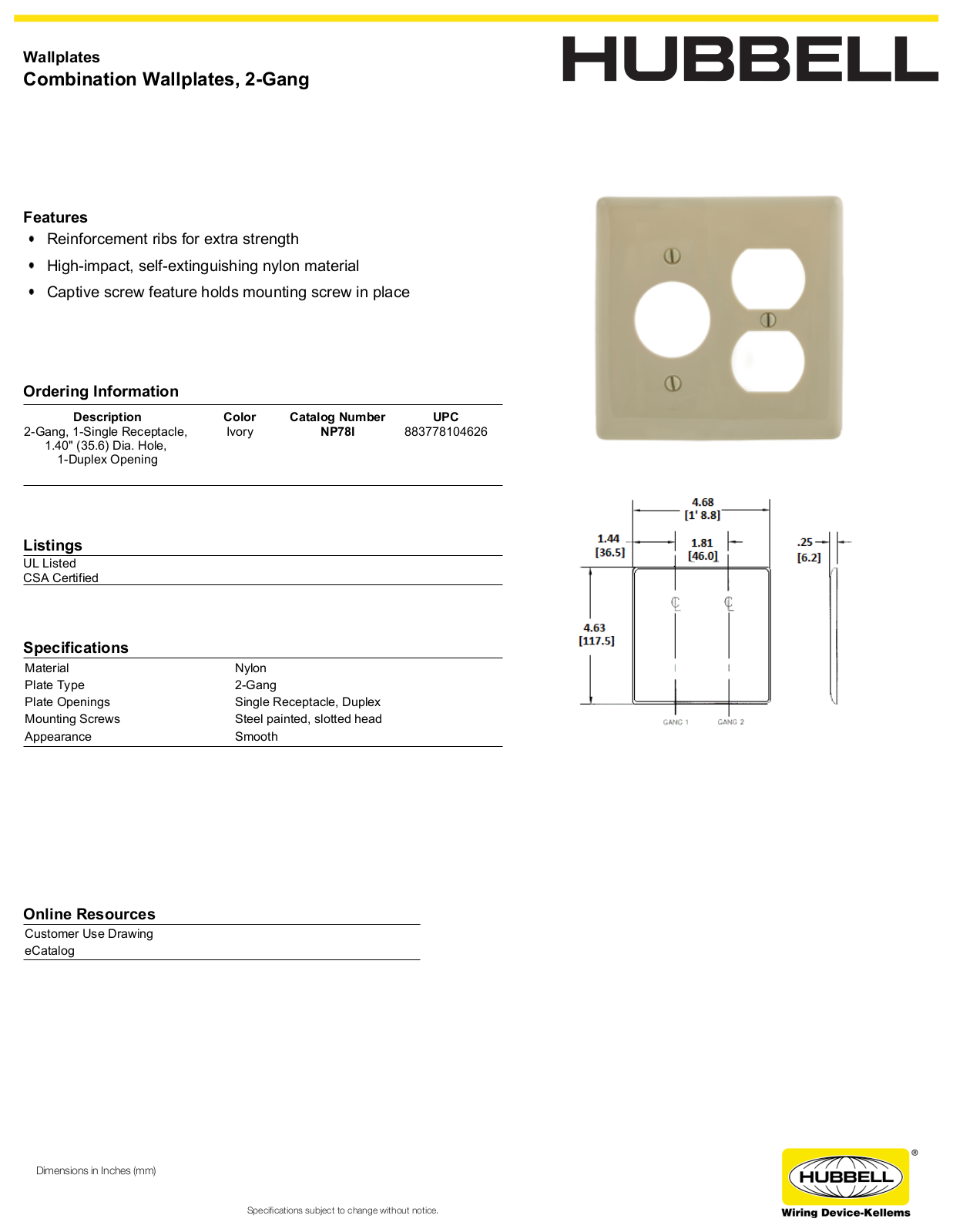 Hubbell NP78I Specifications