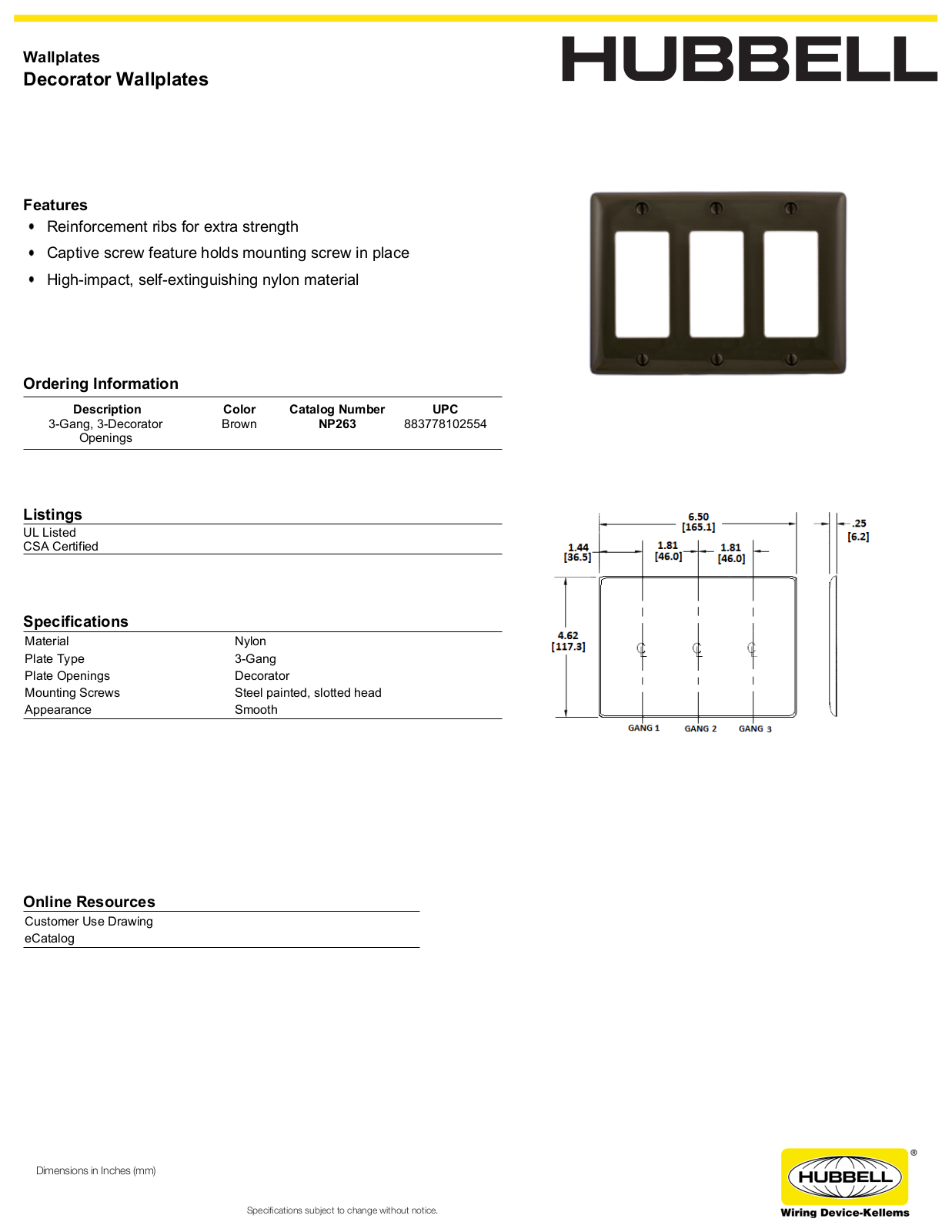 Hubbell NP263 Specifications