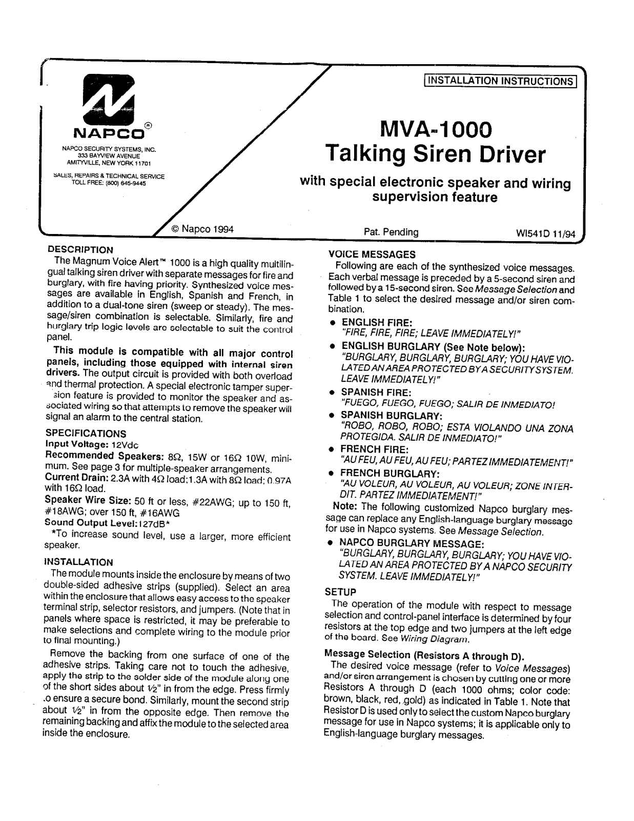 Napco MVA-1000 operating Manual