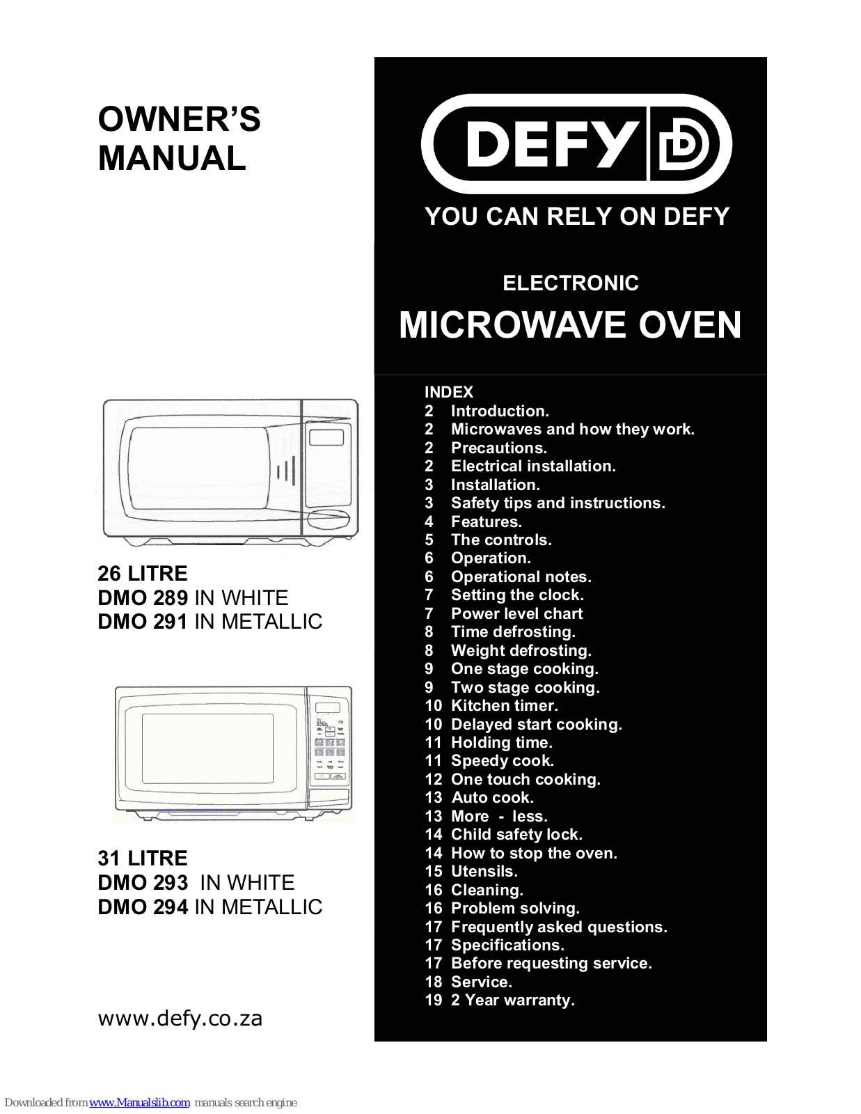 Defy 291, DMO 291, DMO 293, DMO 294 Owner's Manual