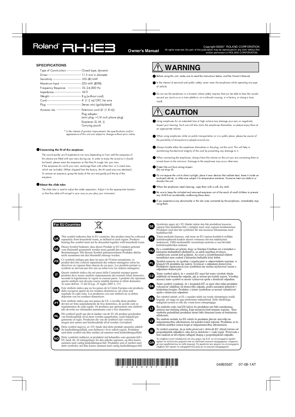 Roland RH-IE3 User Manual