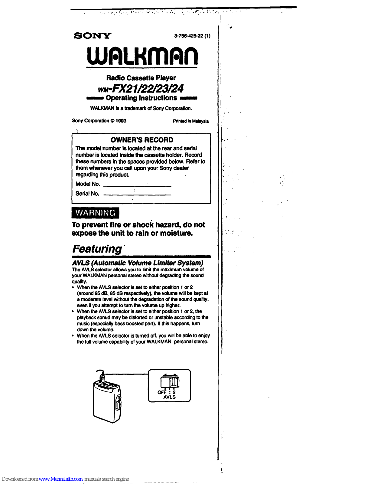 Sony Walkman WM-FX21, Walkman WM-FX24, Walkman WM-FX22, Walkman WM-FX23 Operating Instructions Manual