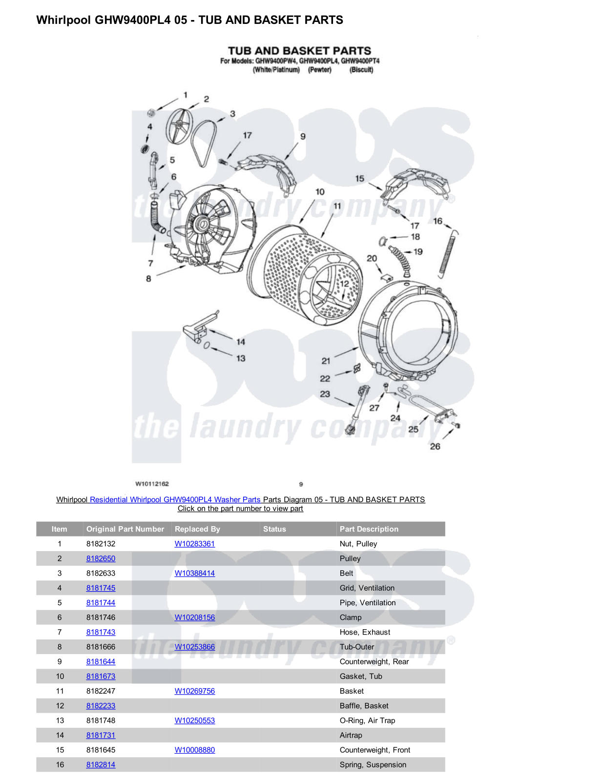 Whirlpool GHW9400PL4 Parts Diagram