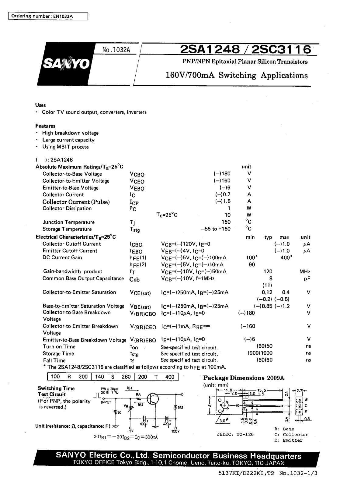 SANYO 2SC3116, 2SA1248 Datasheet