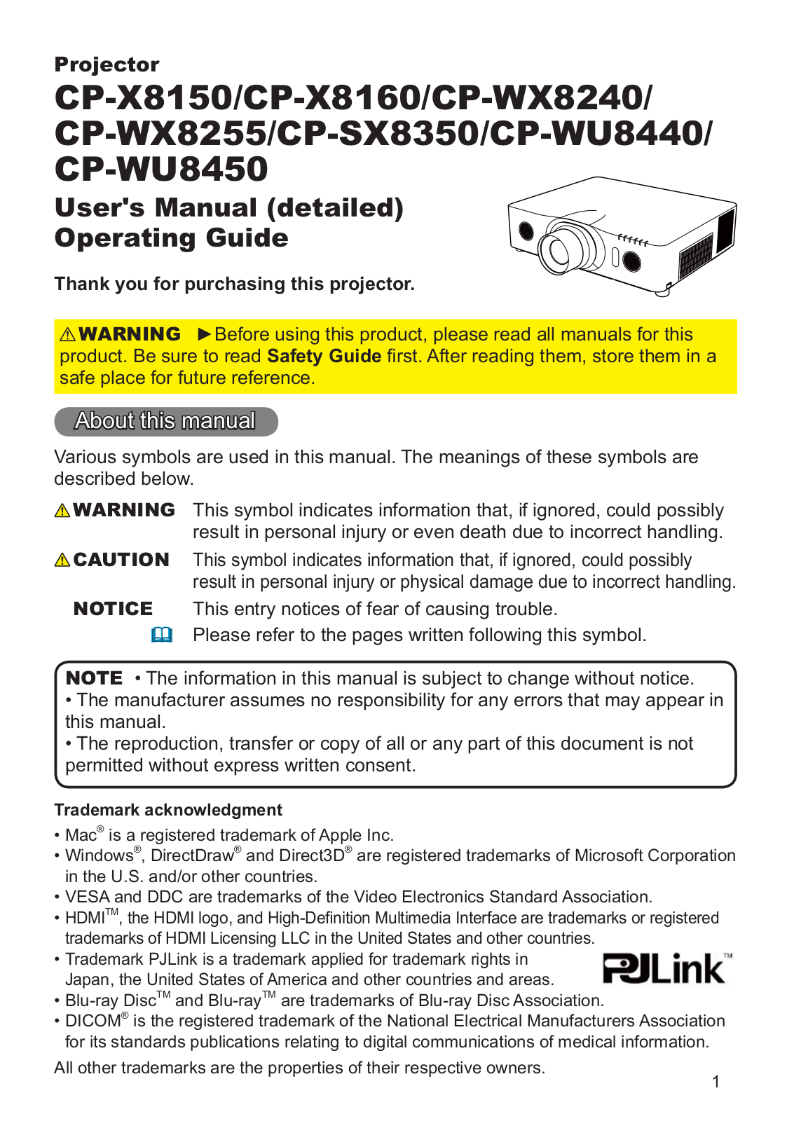 Hitachi CP-X8150, CP-X8160, CP-WX8240, CP-WX8255, CP-SX8350 Operating Instruction