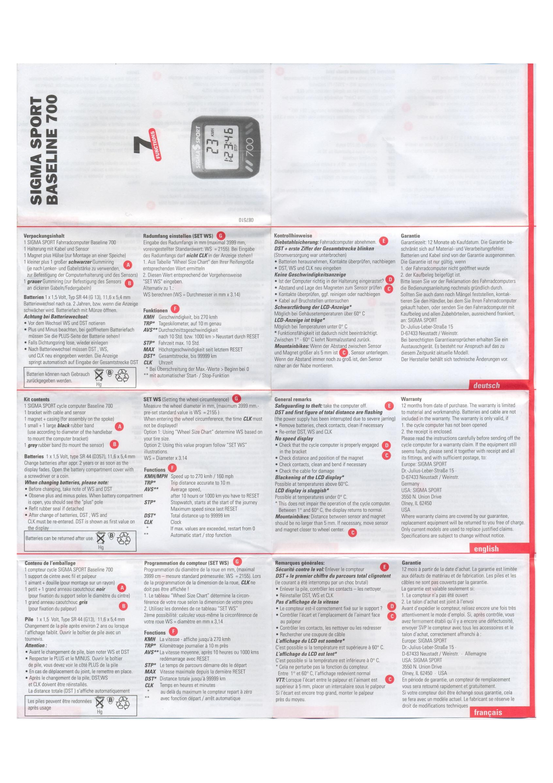 Sigma BASELINE 700 User guide