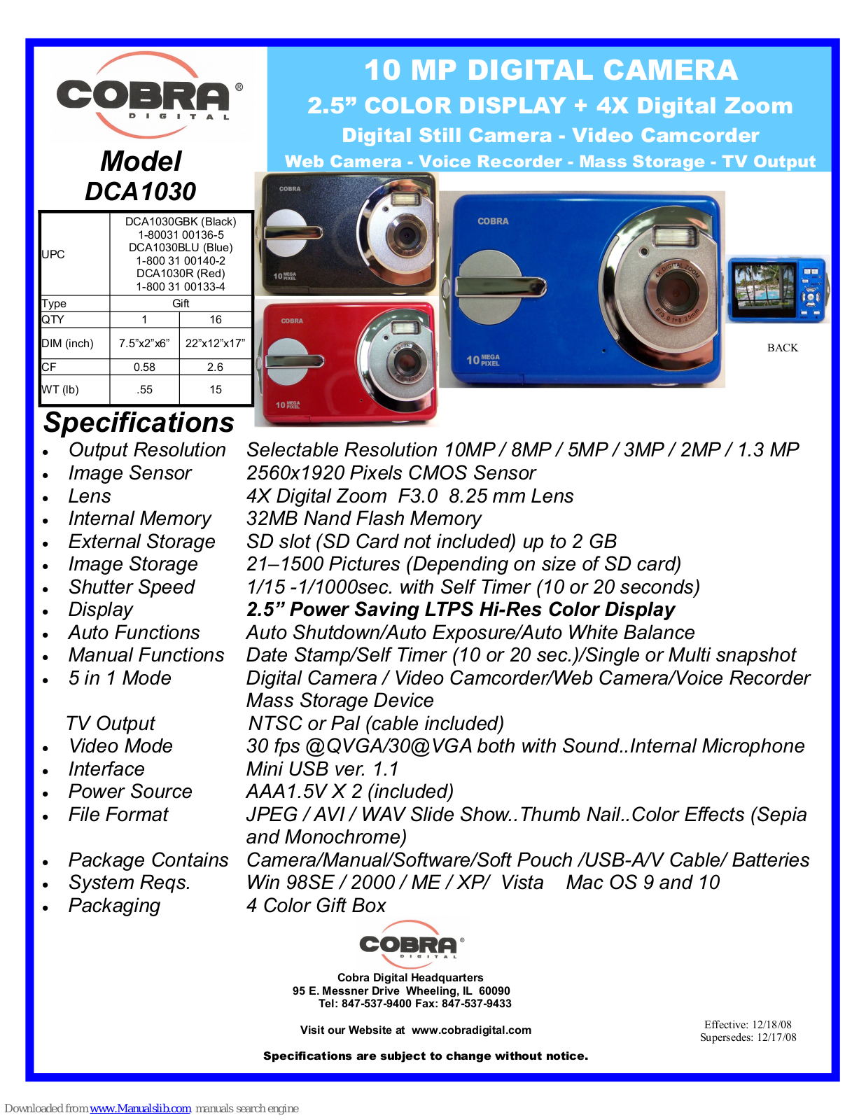 Cobra Digital DCA1030 Specifications