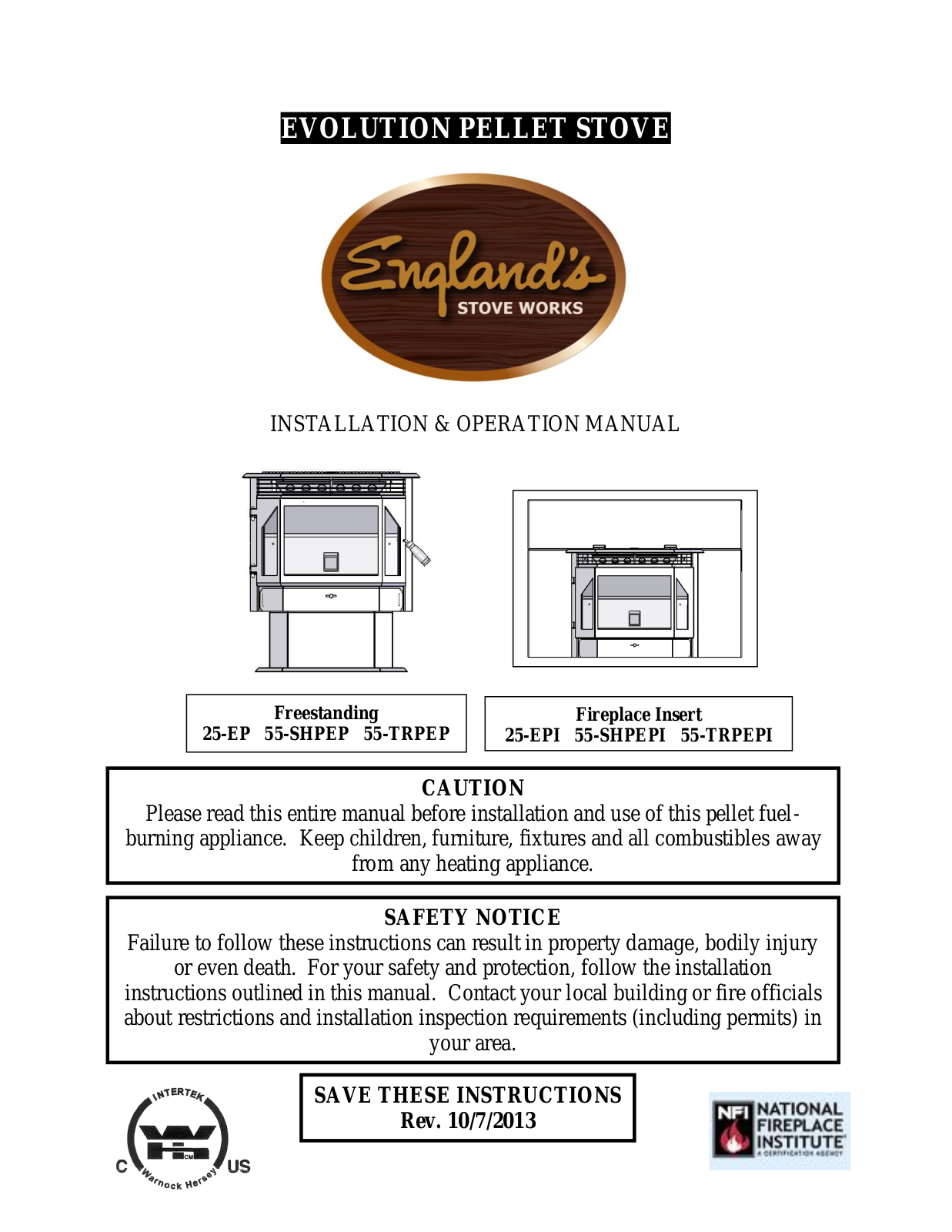 England’s stove 55-SHPEPI, 55-TRPEPI, 55-TRPEP, 55-SHPEP, 25-EPI OPERATION MANUAL