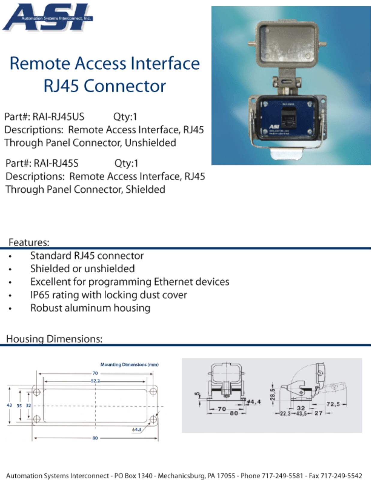 ASI-Automation Systems Interconnect RAI-RJ45S Data Sheet