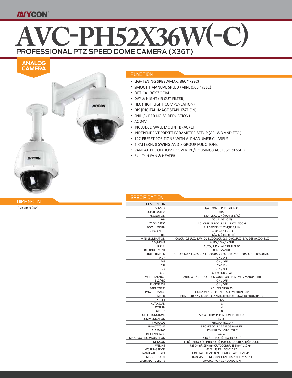 Avycon AVC-PH52X36W Specsheet