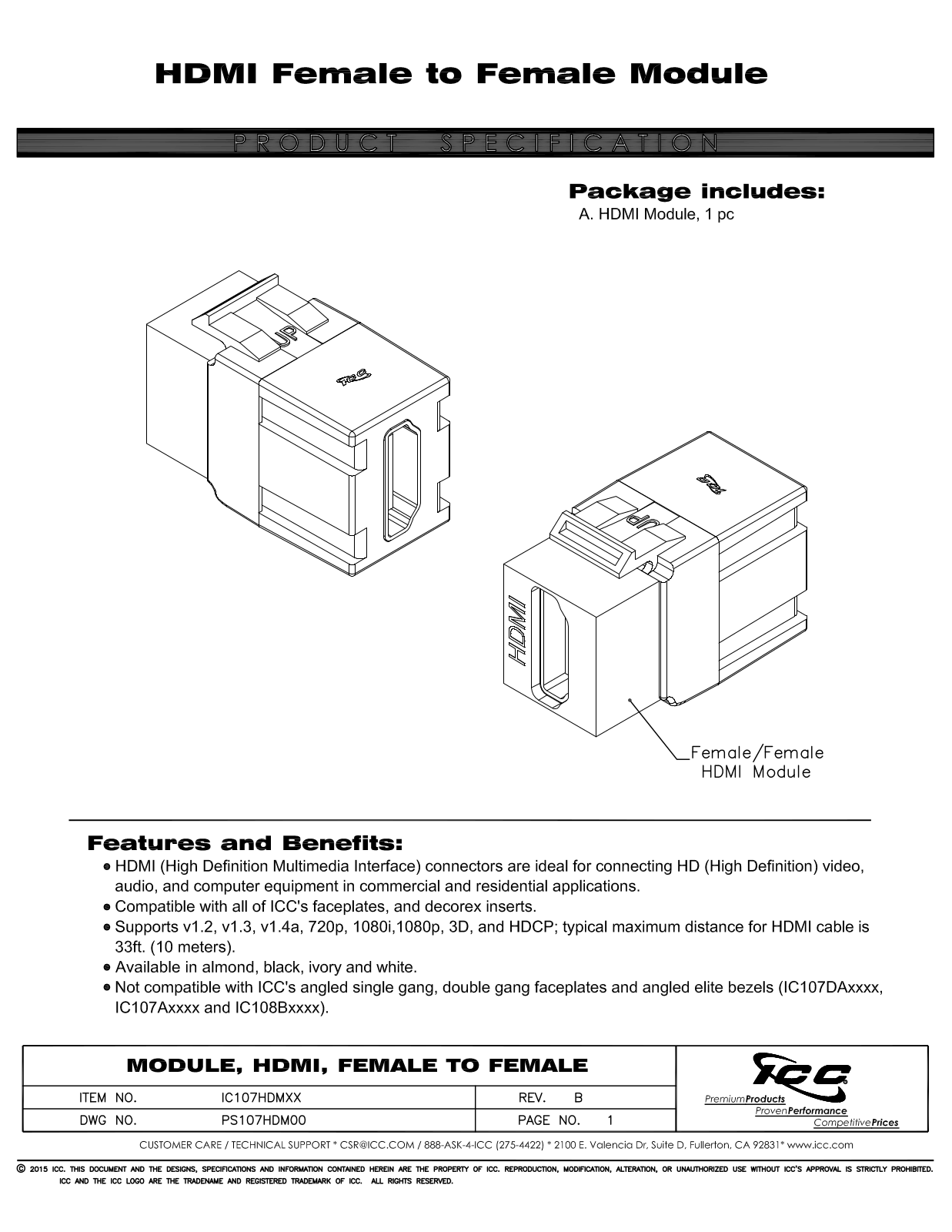 ICC IC107HDMAL, IC107HDMBK, IC107HDMIV, IC107HDMWH Specsheet