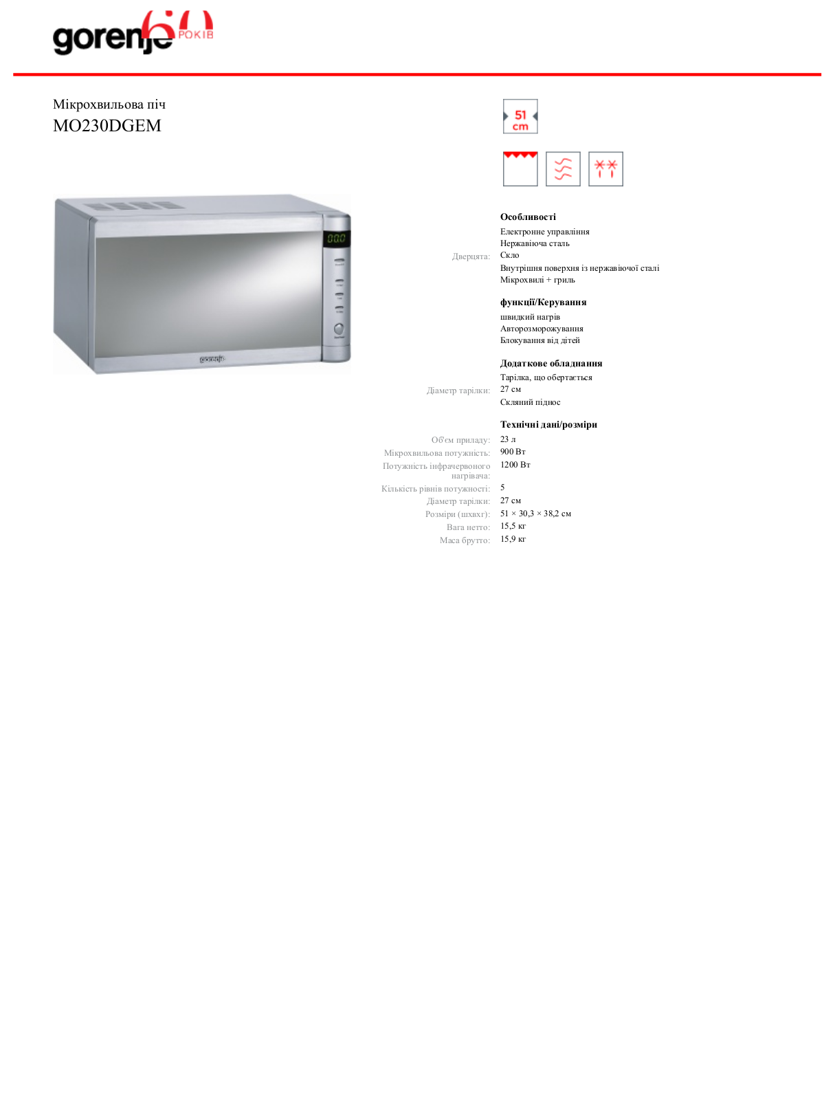 Gorenje MO230DGEM DATASHEET