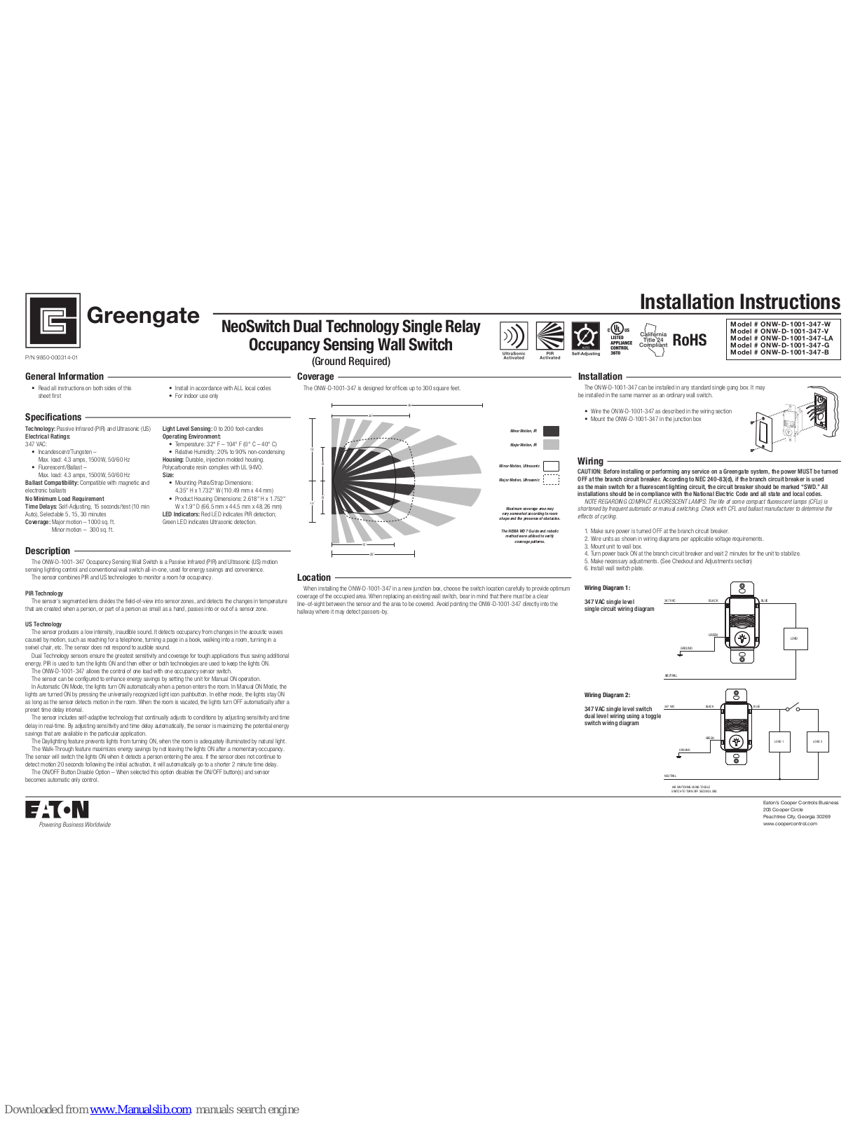 Greengate ONW-D-1001-347-W, ONW-D-1001-347-G, ONW-D-1001-347-B, ONW-D-1001-347-LA, ONW-D-1001-347-V Installation Instructions Manual