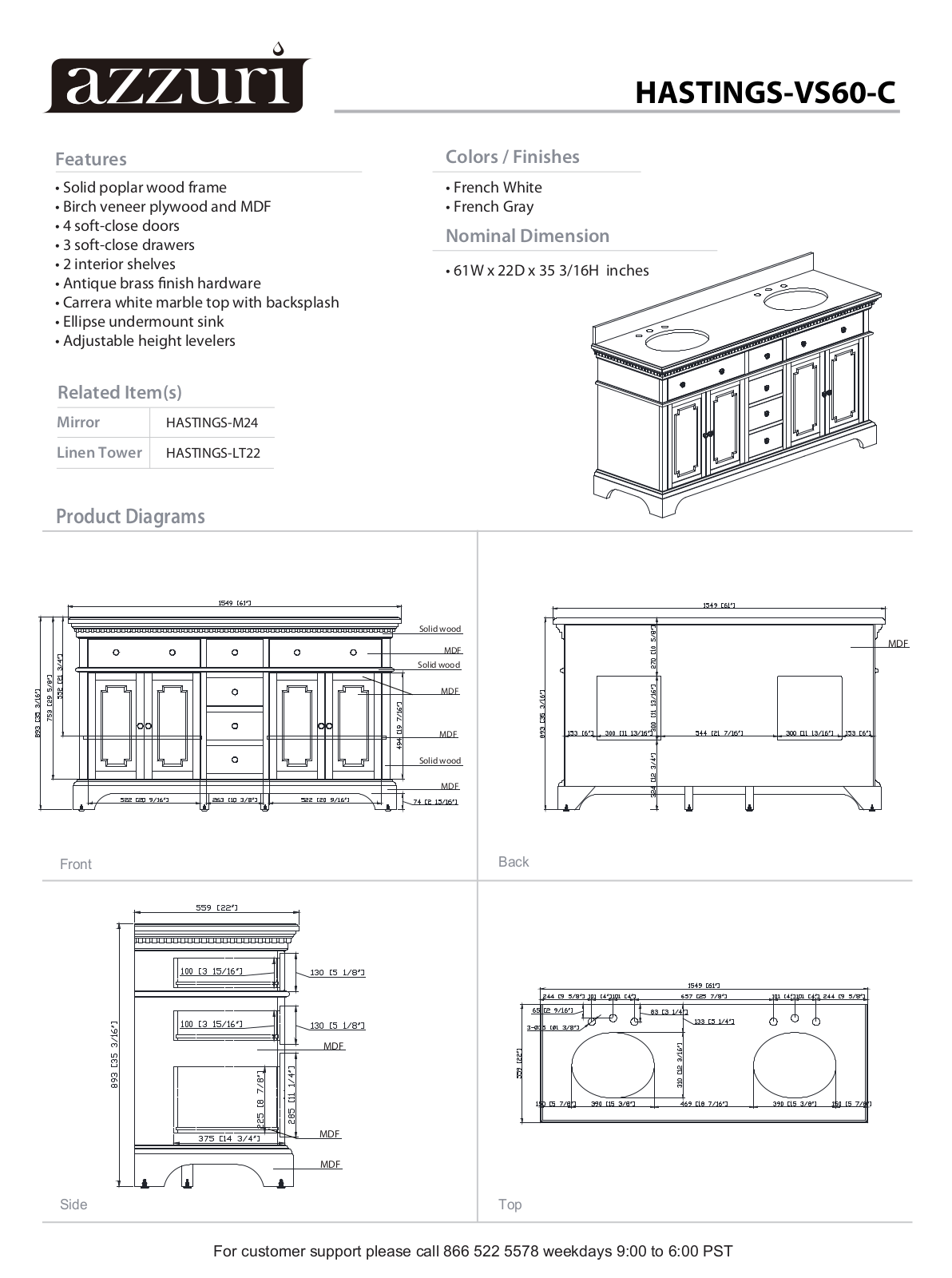 Azzuri HASTINGSVS60FGC, HASTINGSVS60FWC Specifications