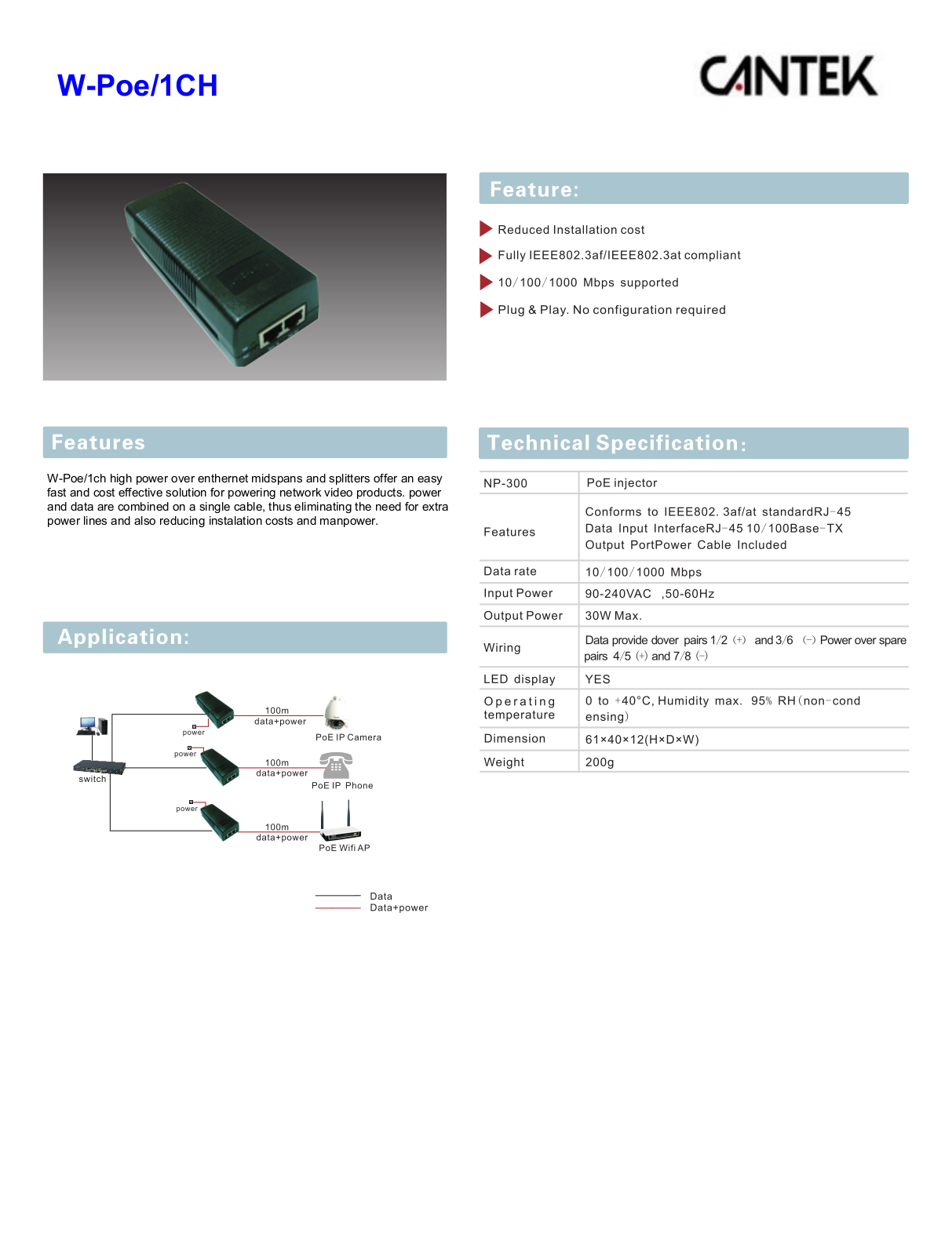 Cantek CT-W-POE-1CH-60W Specsheet