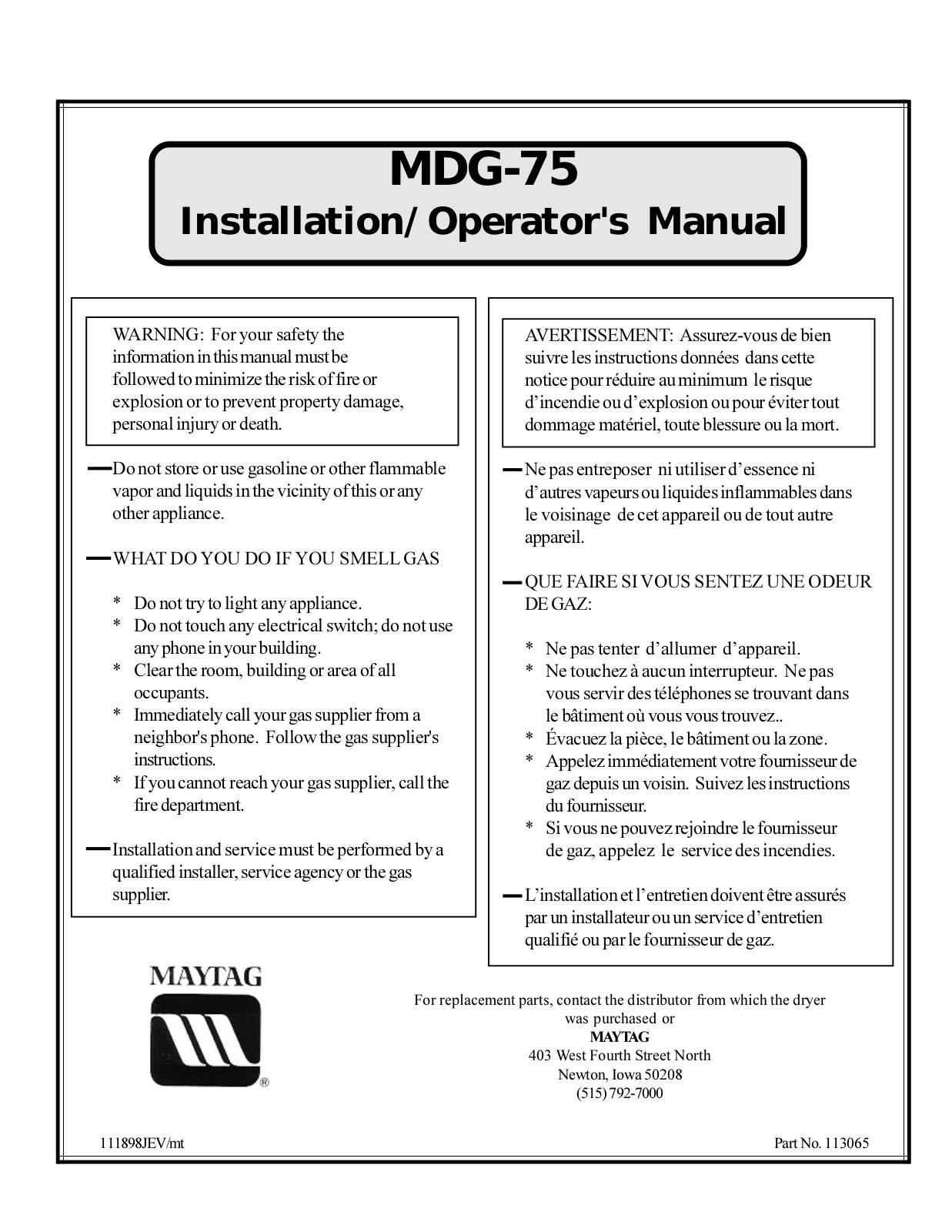 American Dryer Corp MDG-75 User Manual