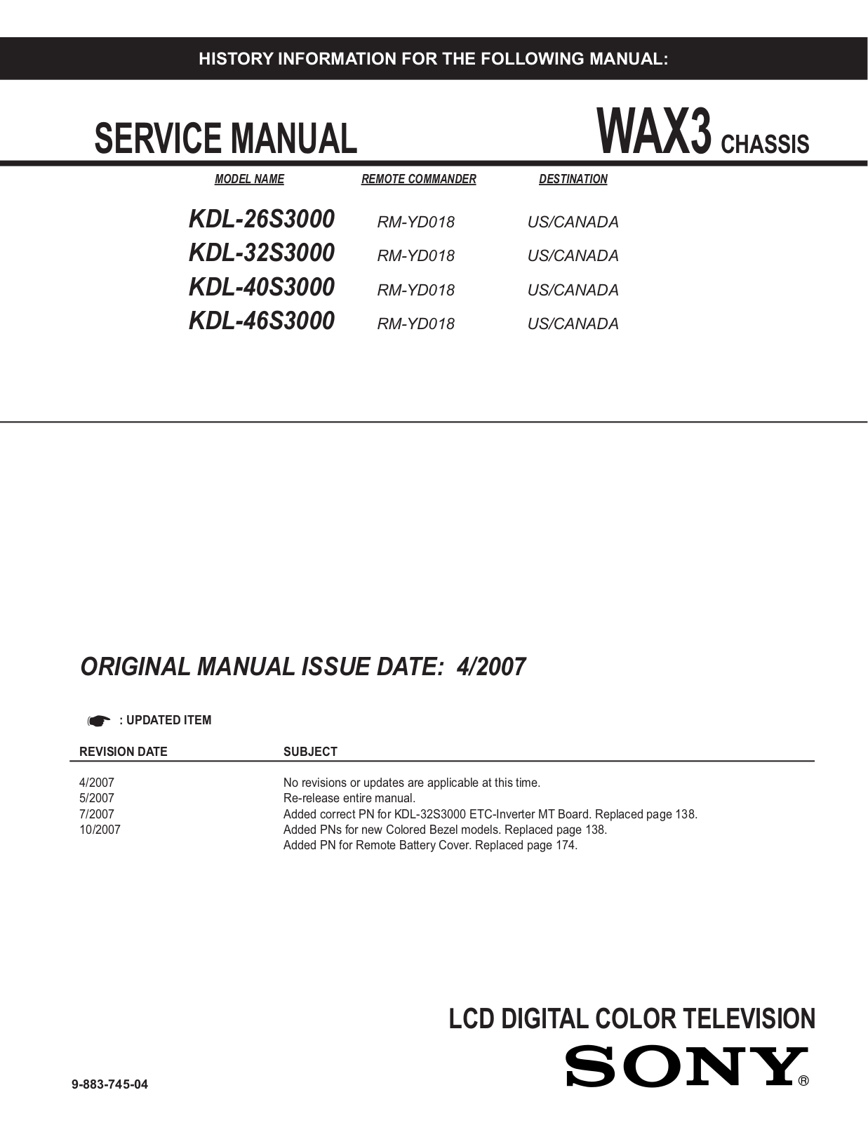 Sony KDL-26S300, KDL-32S300, KDL-40S300, KDL-46S300 Service Manual