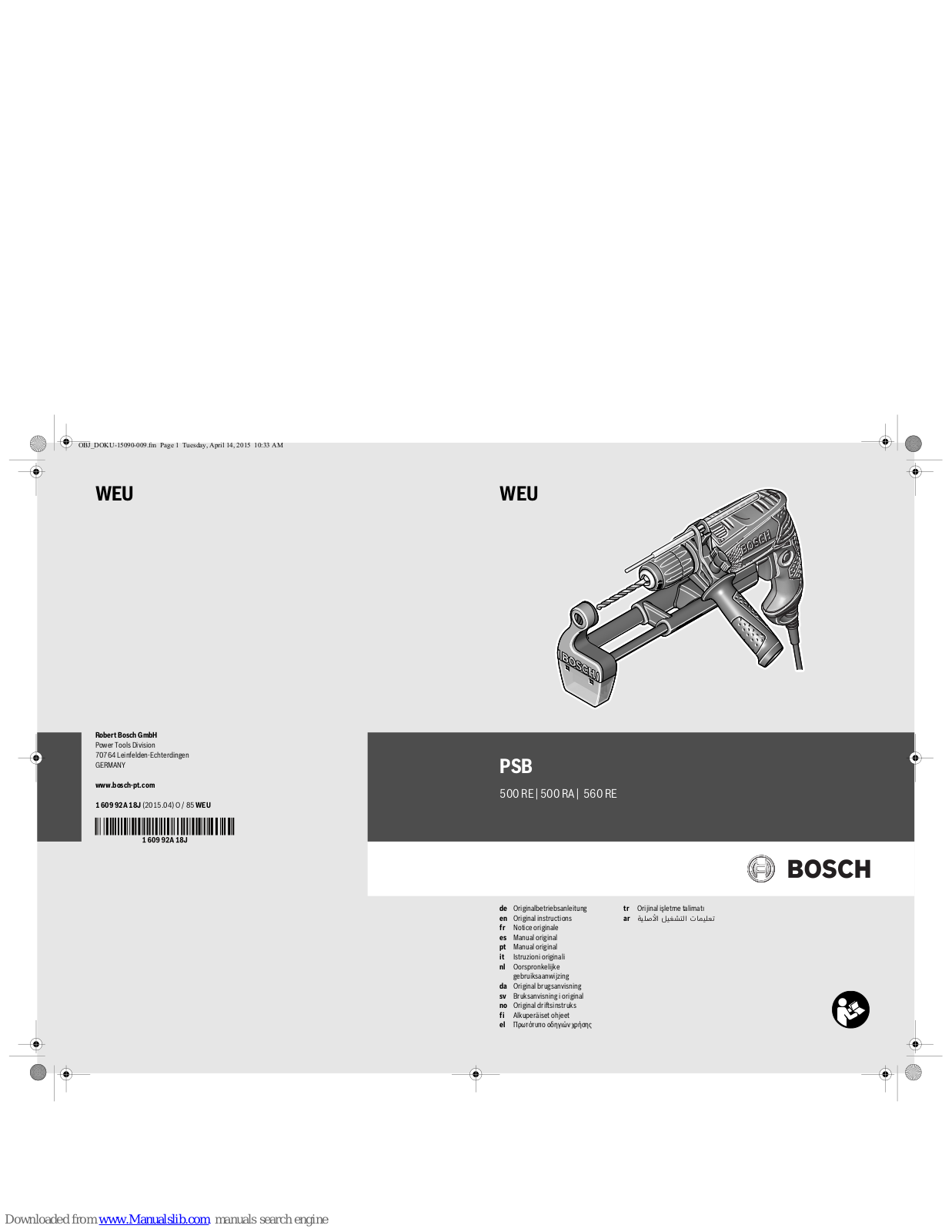 Bosch PSB 500 RE, PSB 500 RA, PSB 560 RE Original Instructions Manual