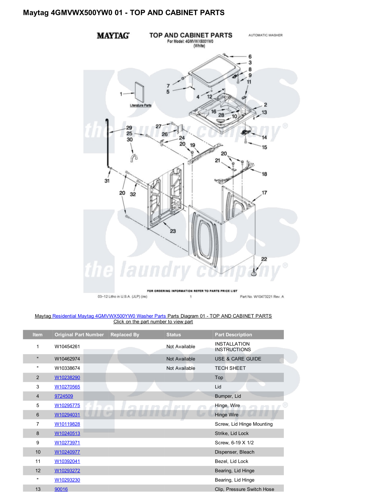 Maytag 4GMVWX500YW0 Parts Diagram