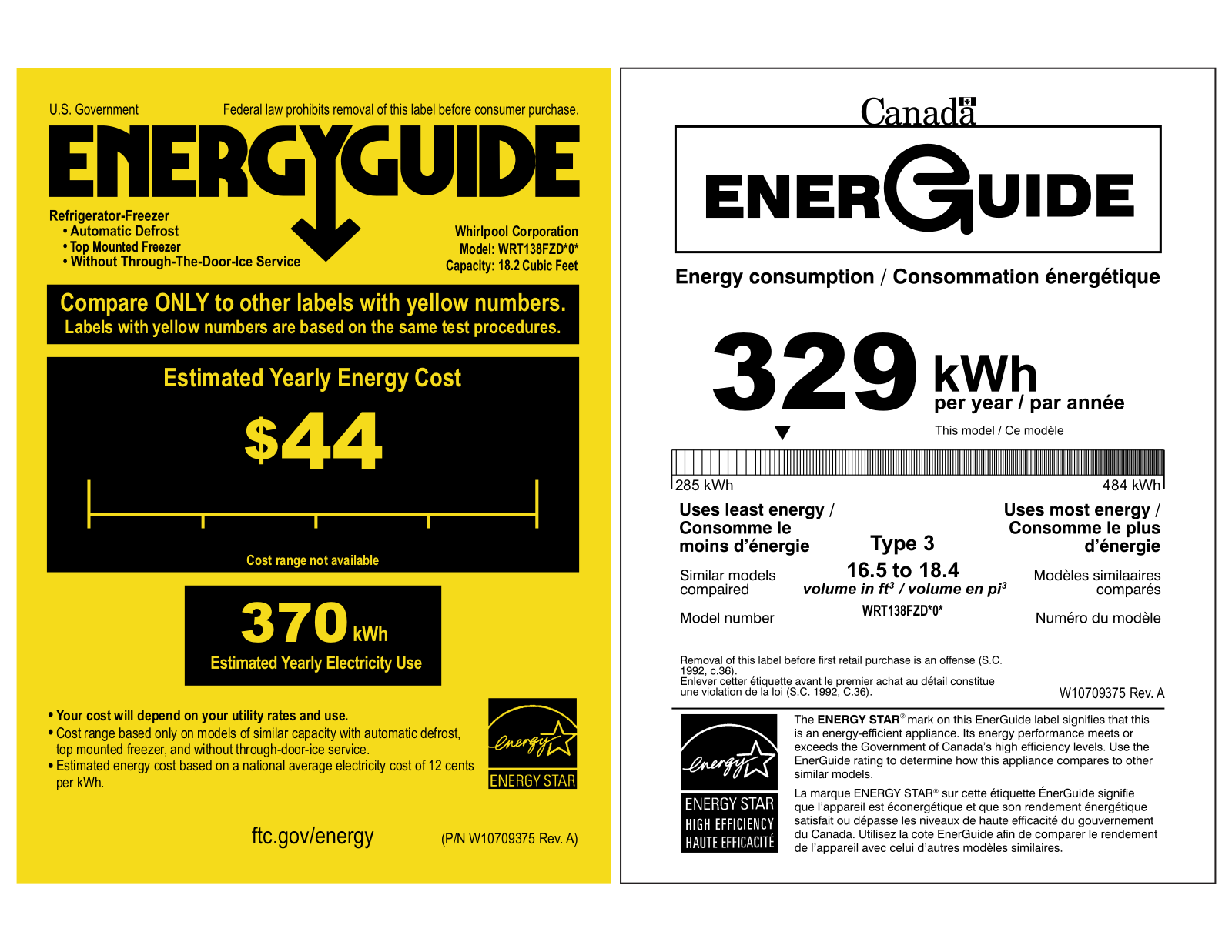 Whirlpool WRT138FZDB Energy Guide