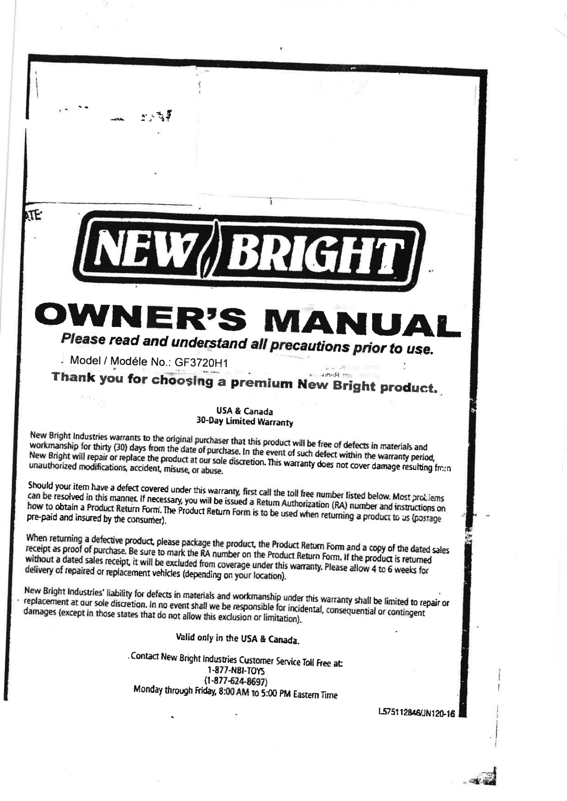 New Bright Co GF3720H1 User Manual