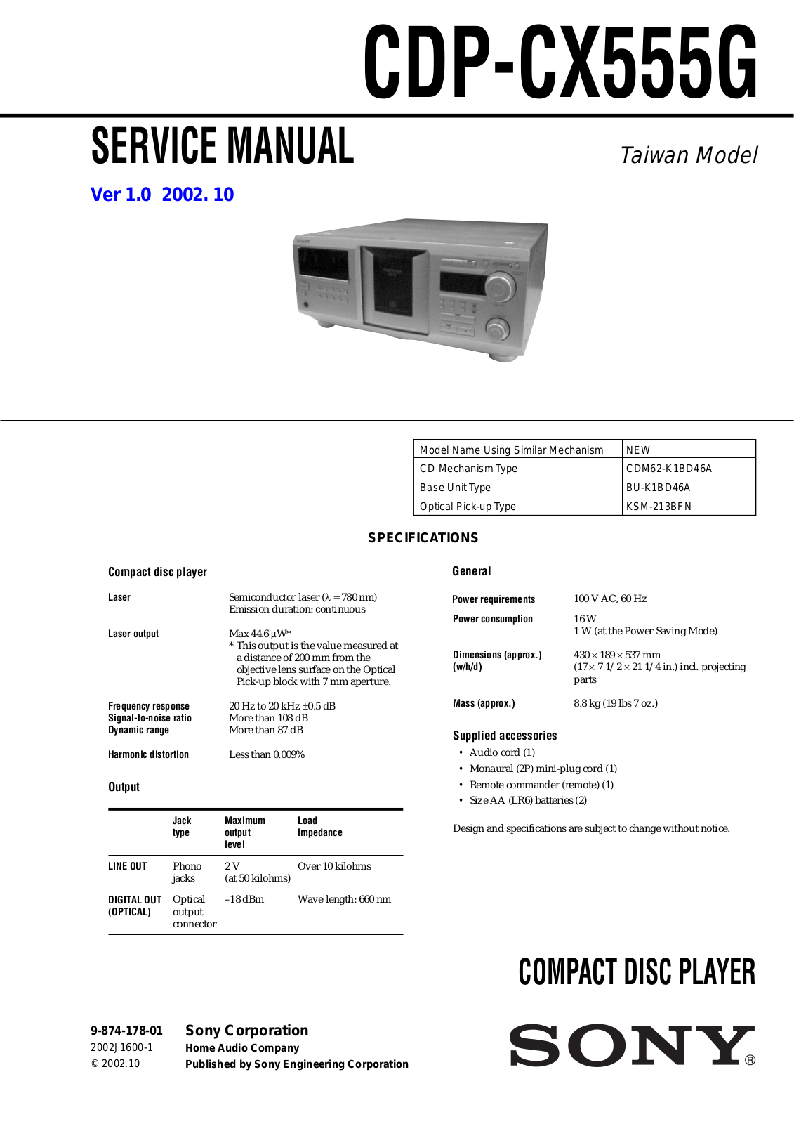 SONY CDP CX555G Service Manual