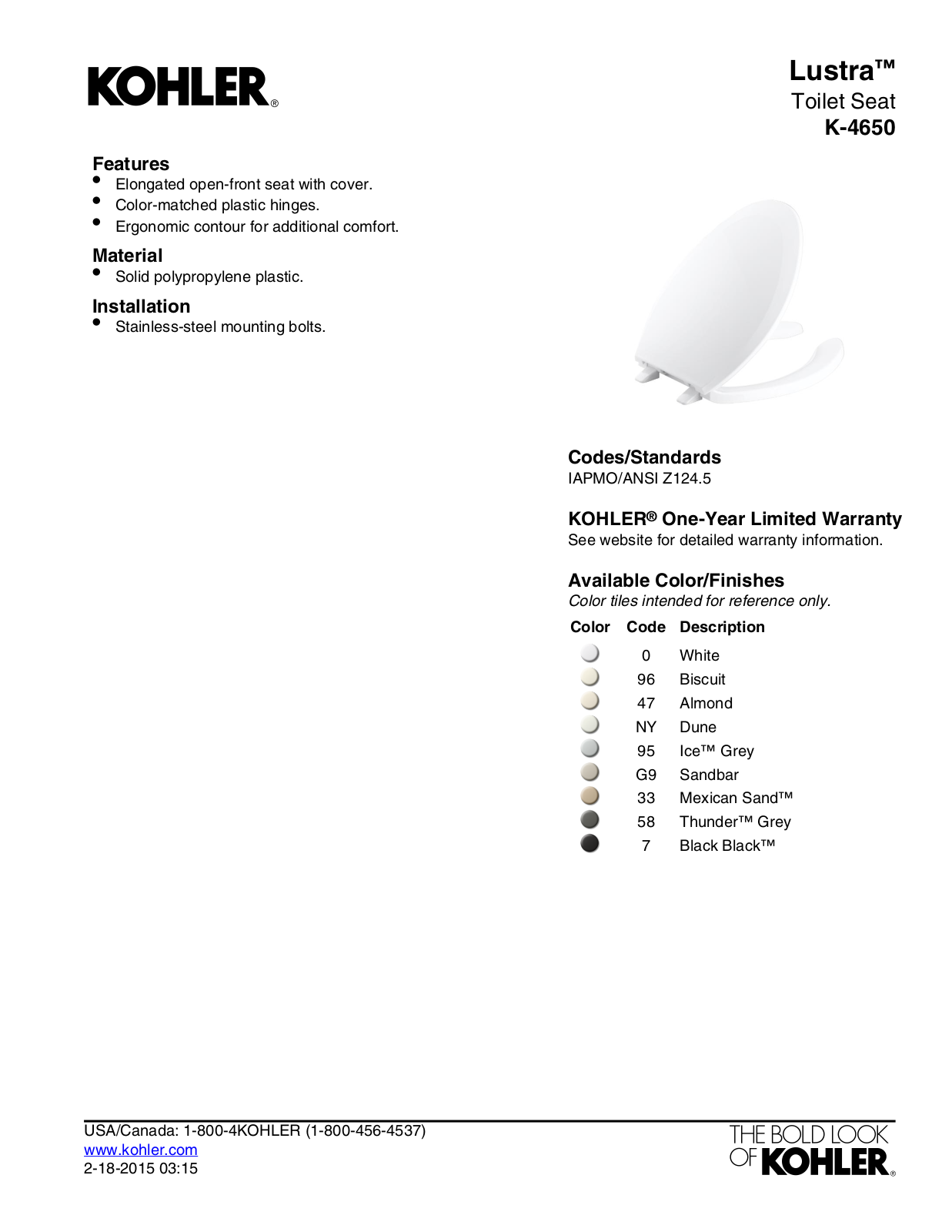 Kohler KOH3602 Specifications - ManualMachine.com