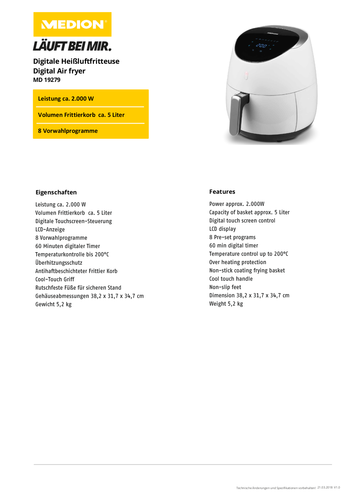 Medion MD 19279 Technical data