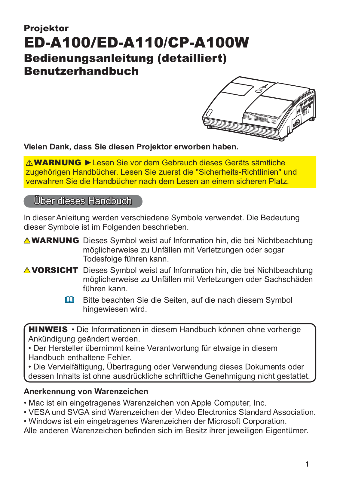 Hitachi ED-A110, CP-A100W, ED-A100 User Manual