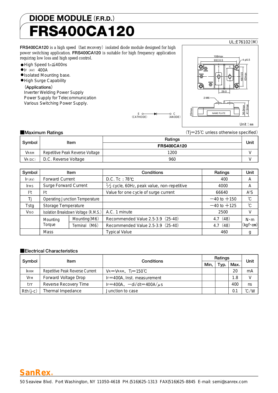 Sanrex-Sansha Electric Manufacturing FRS400CA120 Data Sheet