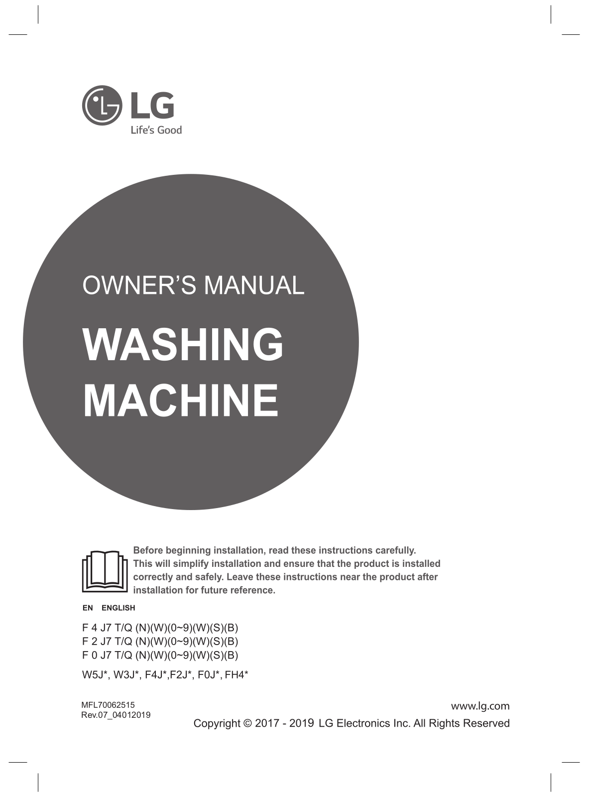 LG F4J7TN0W Owner’s Manual