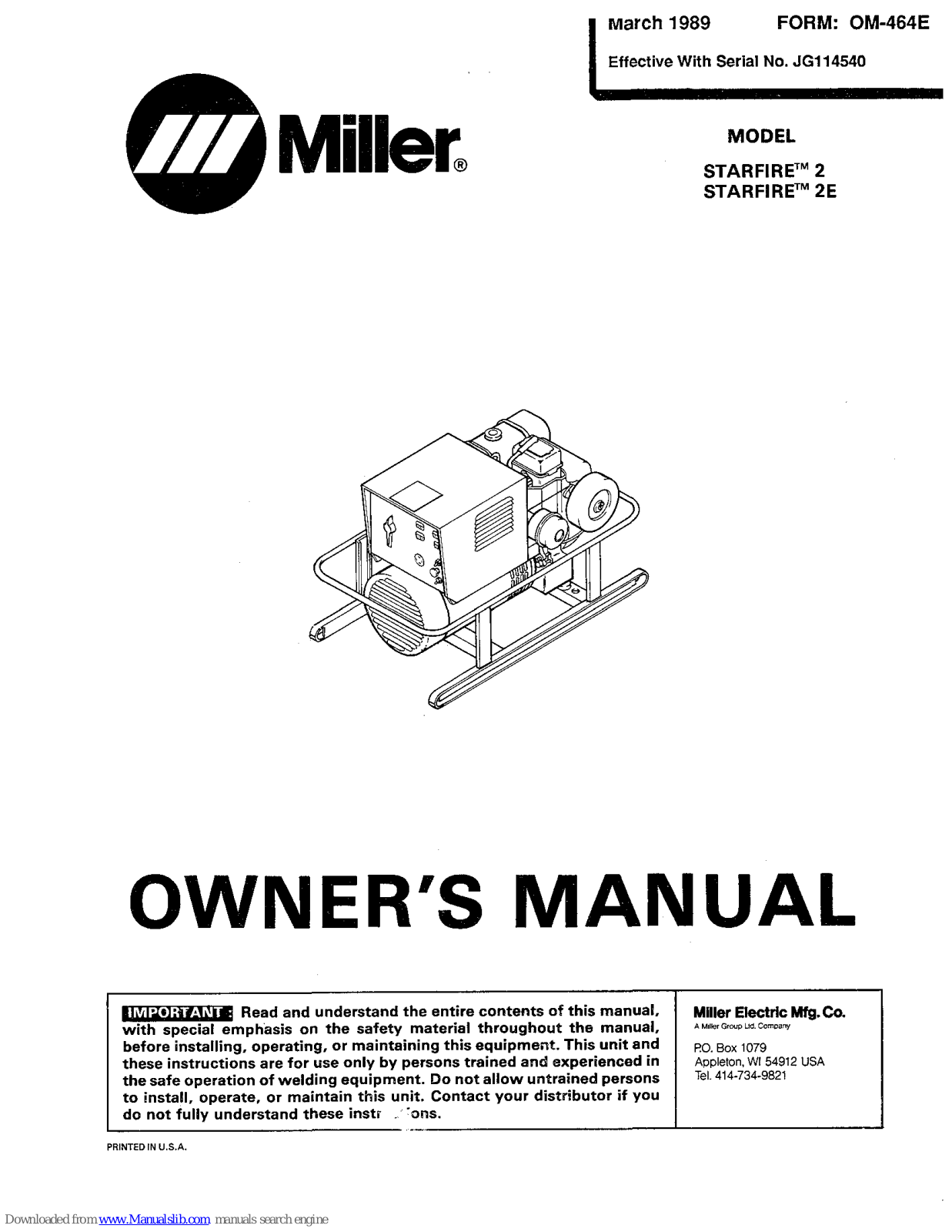 Miller Electric STARFIRE 2, STARFIRE 2E Owner's Manual