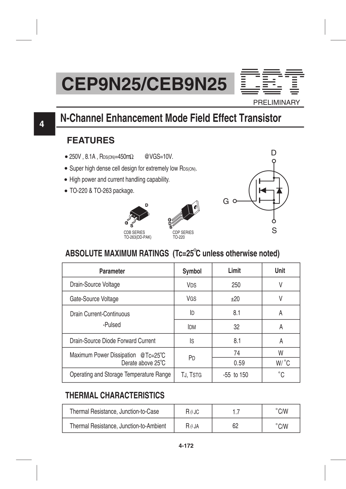 Datasheet CEP9N25, CEB9N25 Datasheet (CET) - ManualMachine.com