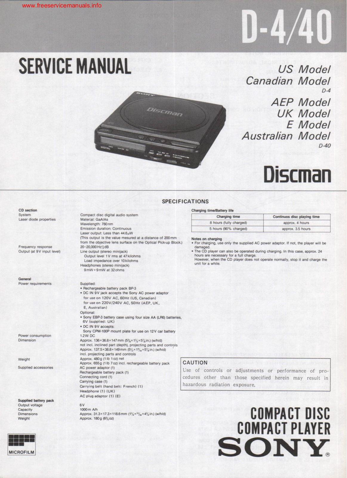 Sony D-4, D-40 Service Manual