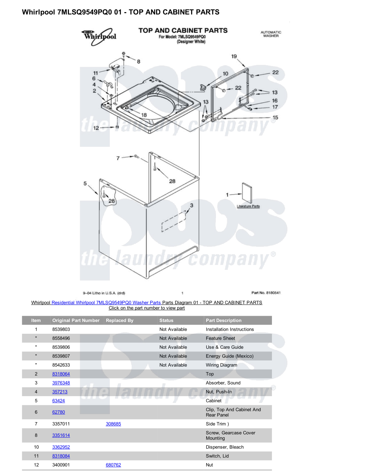 Whirlpool 7MLSQ9549PQ0 Parts Diagram